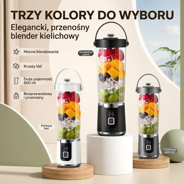 Blender przenośny — trzy wersje kolorystyczne kielicha z owocami