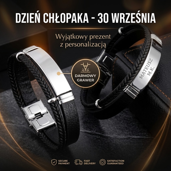 Personalizowana Bransoletka Męska z Darmowym Grawerem – Pleciona Skóra i Stal 316L (Prezent na Dzień Chłopaka)