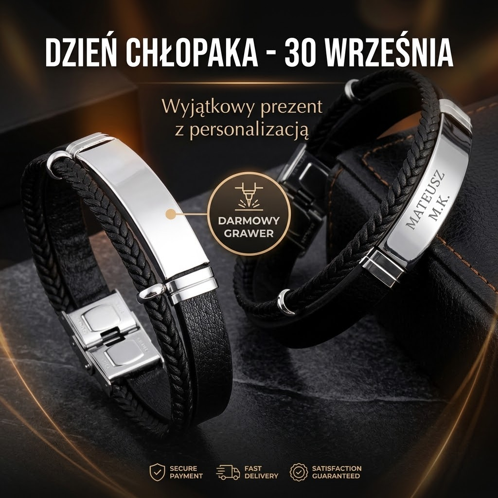 Personalizowana Bransoletka Męska z Darmowym Grawerem – Pleciona Skóra i Stal 316L (Prezent na Dzień Chłopaka)