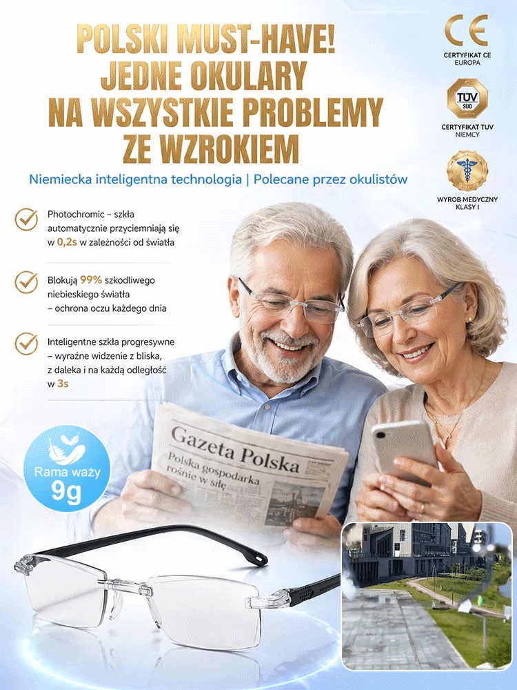 Okulary do czytania — para osób czytająca gazetę oraz zbliżenie oprawek