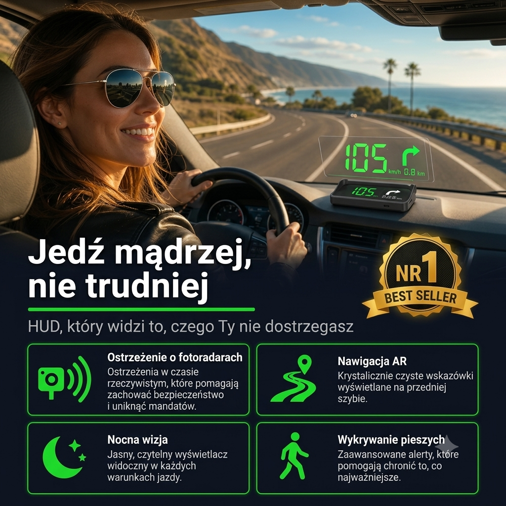 Inteligentny Wyświetlacz Samochodowy HUD GPS z Nawigacją AR i Antyradarem